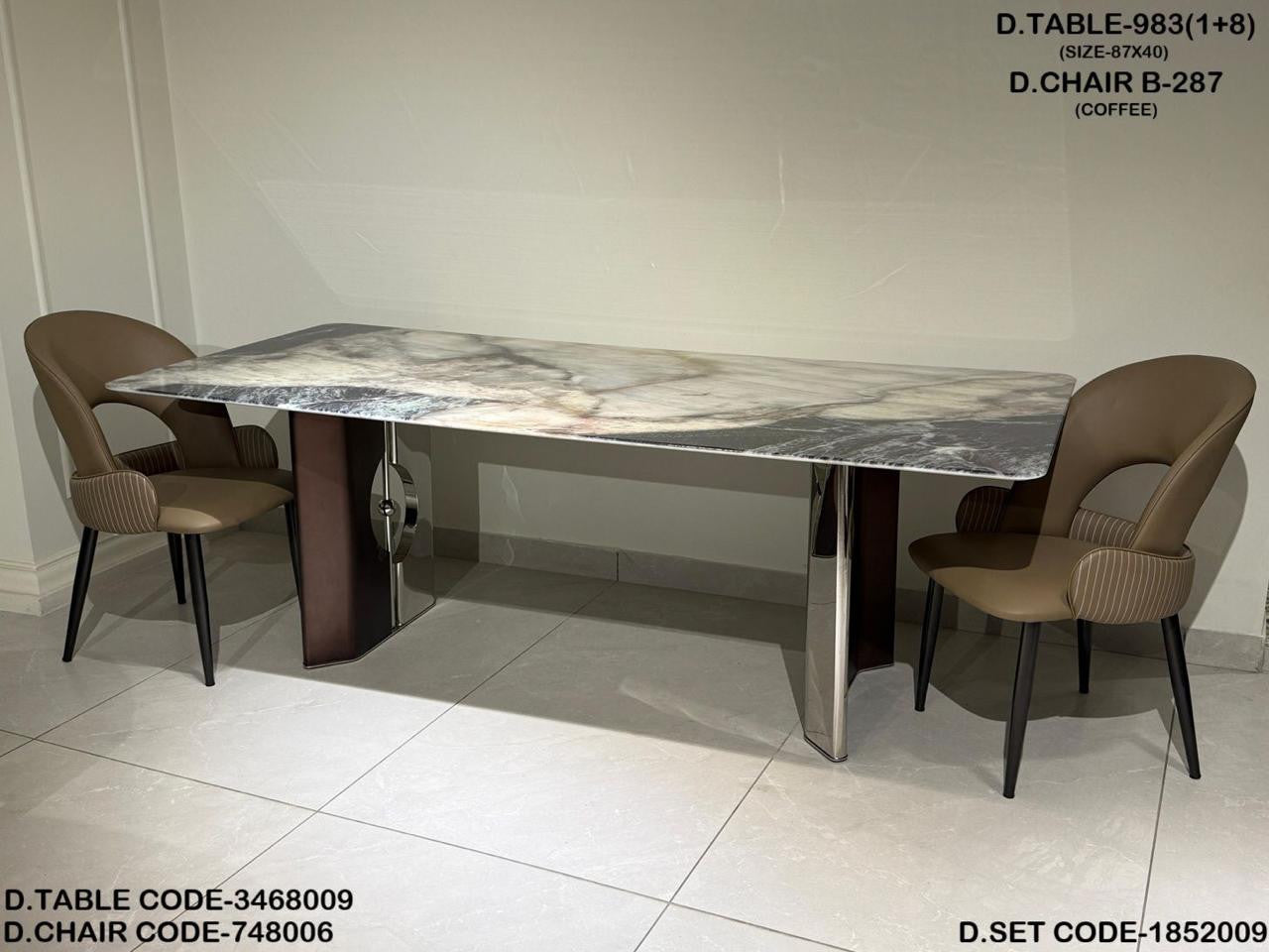 Prismline Chrome marble dining table with geometric metallic pedestal and grey veined marble top 
