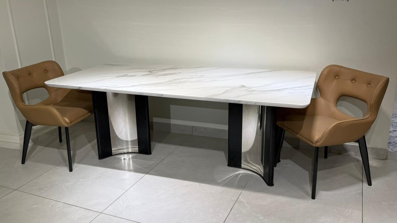 Dining table with two chairs on a tiled floor, with product codes displayed.