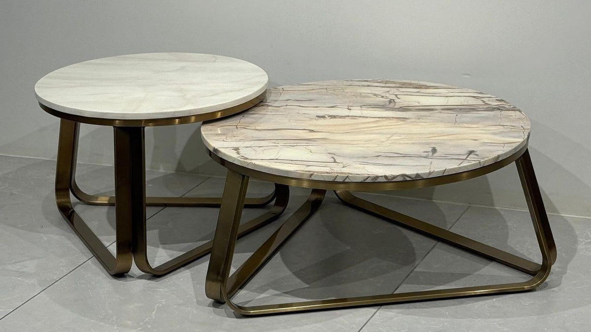 Twin marble center coffee table set in Matt Gold, modern duo round marble tops and matt gold frames, TAS Living