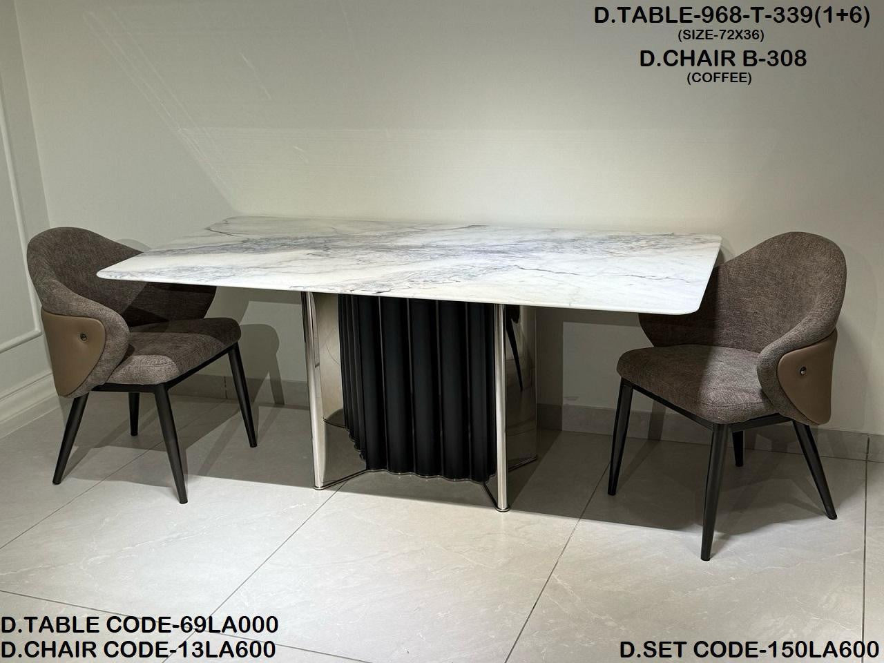 Dining table set with marble top and brown chairs on a light floor.