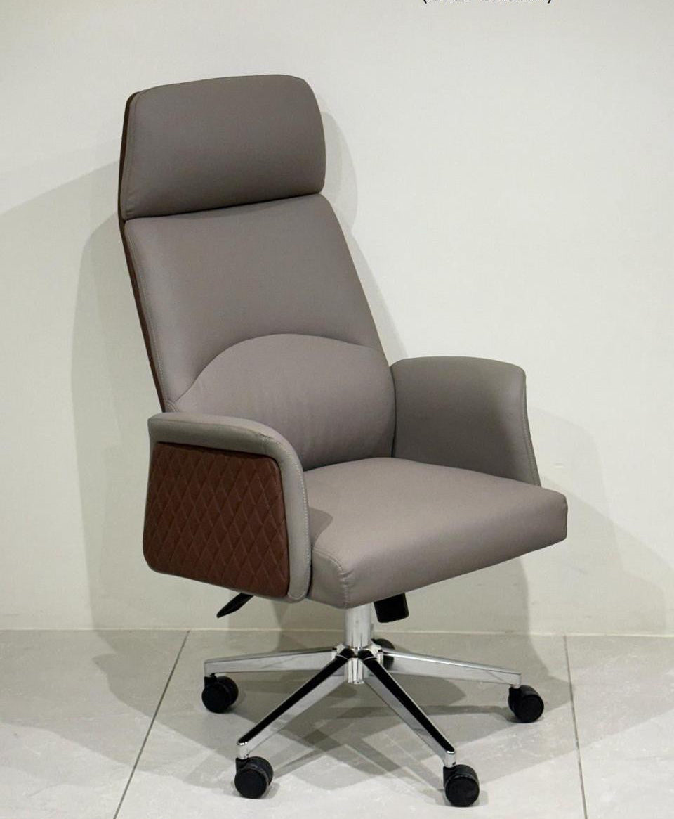 Gray brown revolving chair with quilted brown accents on a white background