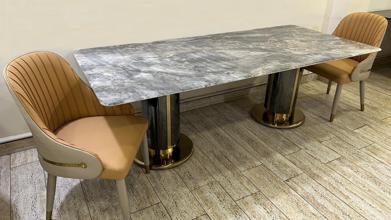 Dining table and chairs with specifications and codes displayed 