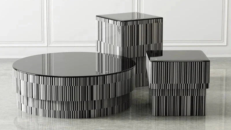 Luxury black glass center coffee table with barcode-inspired base and matching square stools