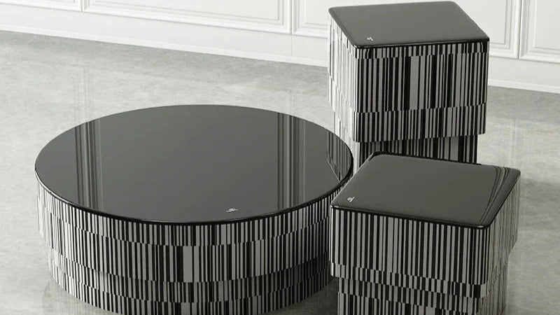 Luxury black glass center coffee table with barcode-inspired base and matching square stools