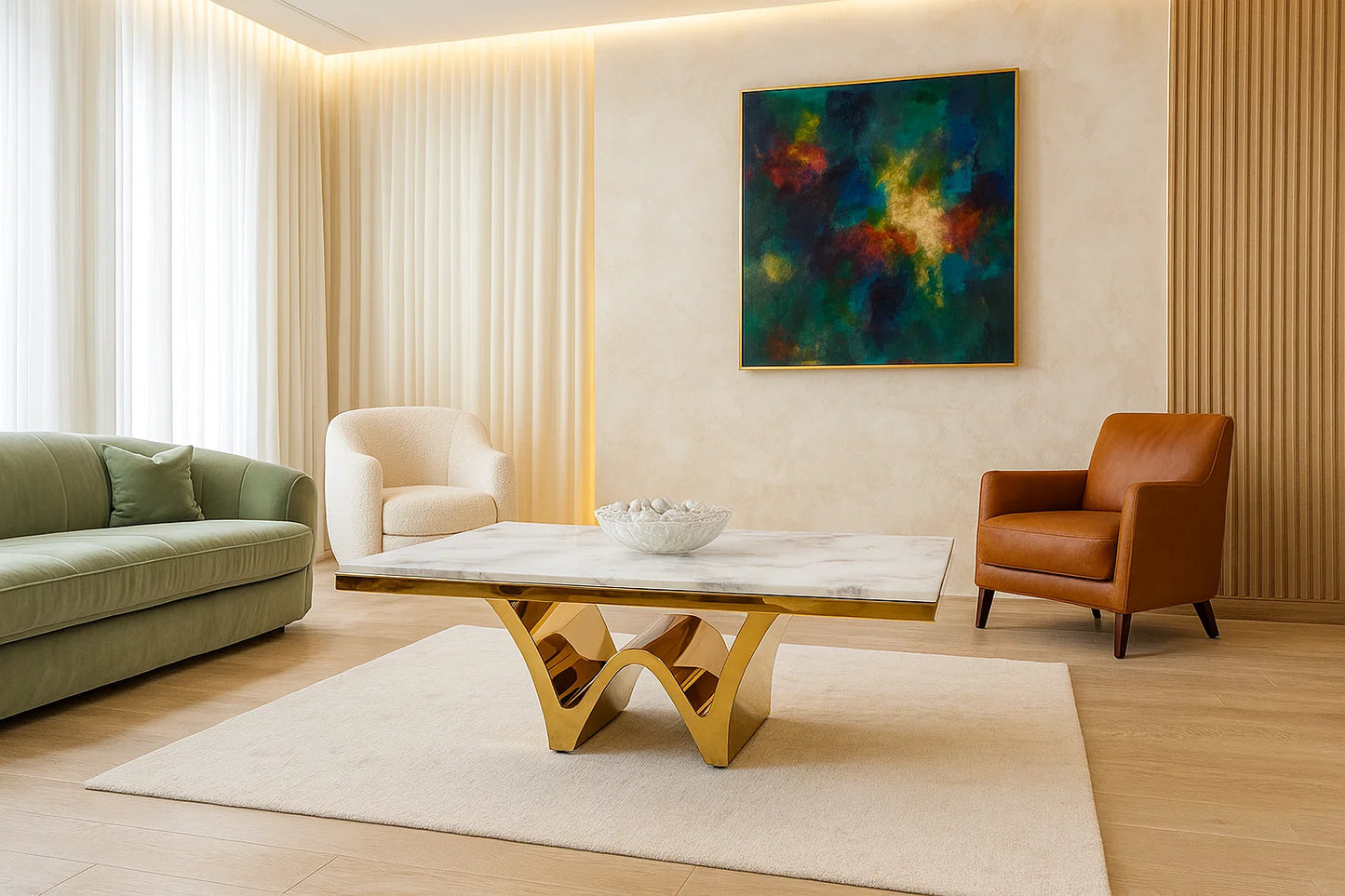 Modern living room with a gold coffee table, green sofa, beige armchair, and abstract painting.