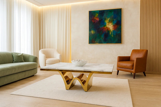 Modern living room with a gold coffee table, green sofa, beige armchair, and abstract painting.