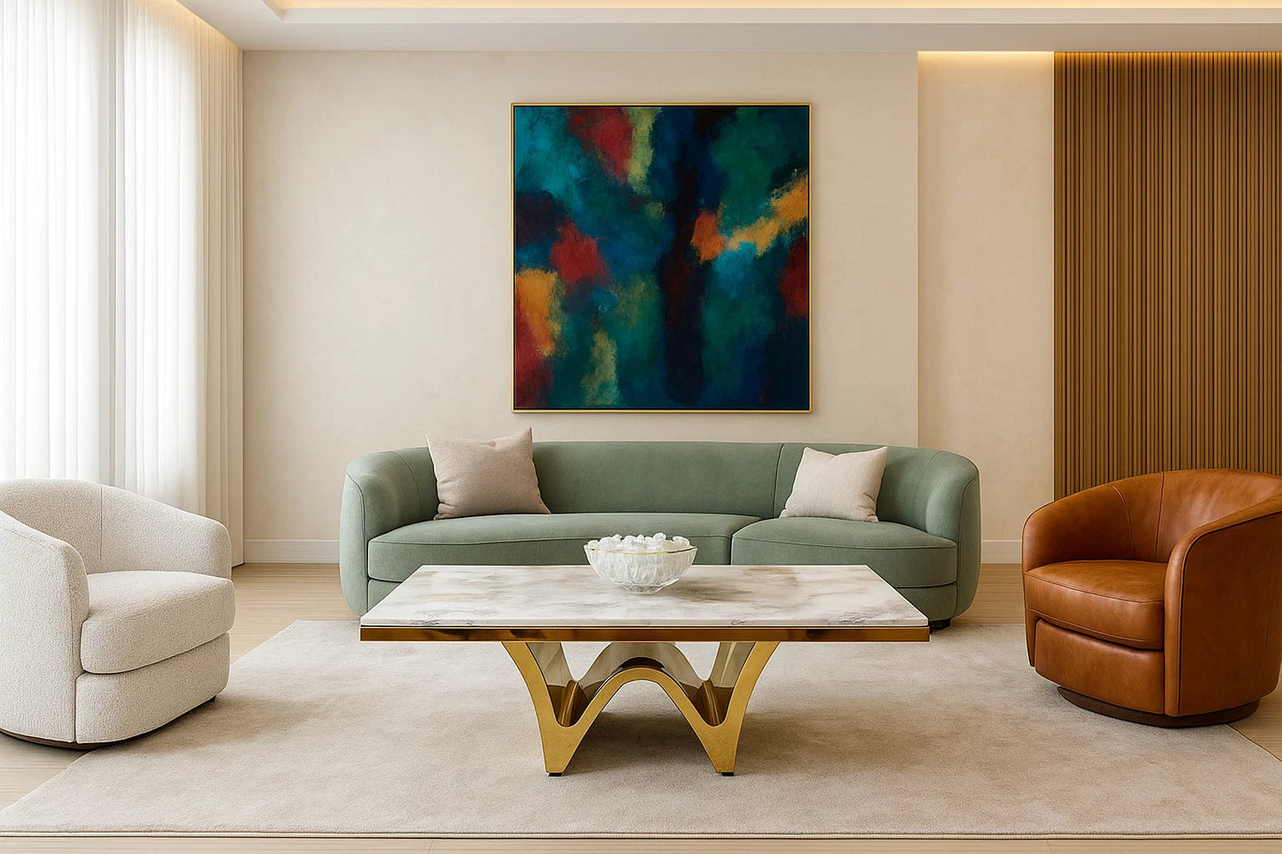 Modern living room with a green sofa, brown armchair, and abstract painting on the wall.