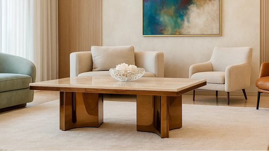 Modern living room with a wooden coffee table, beige sofa, and colorful abstract painting.
