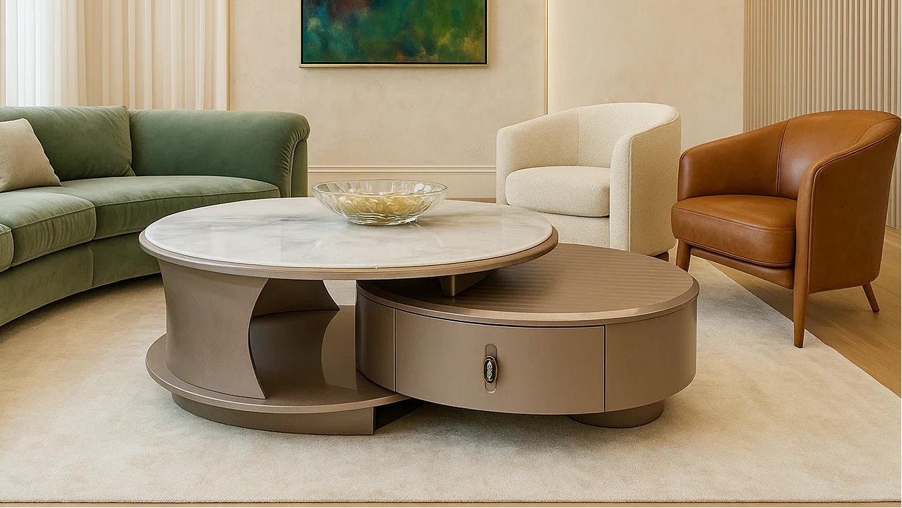 Modern living room with a green sofa, beige armchair, and brown chair.