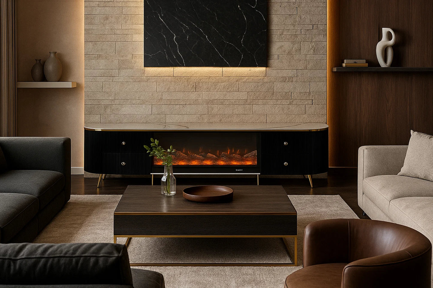 Opus Flame Black Marble LED Fireplace Stand
