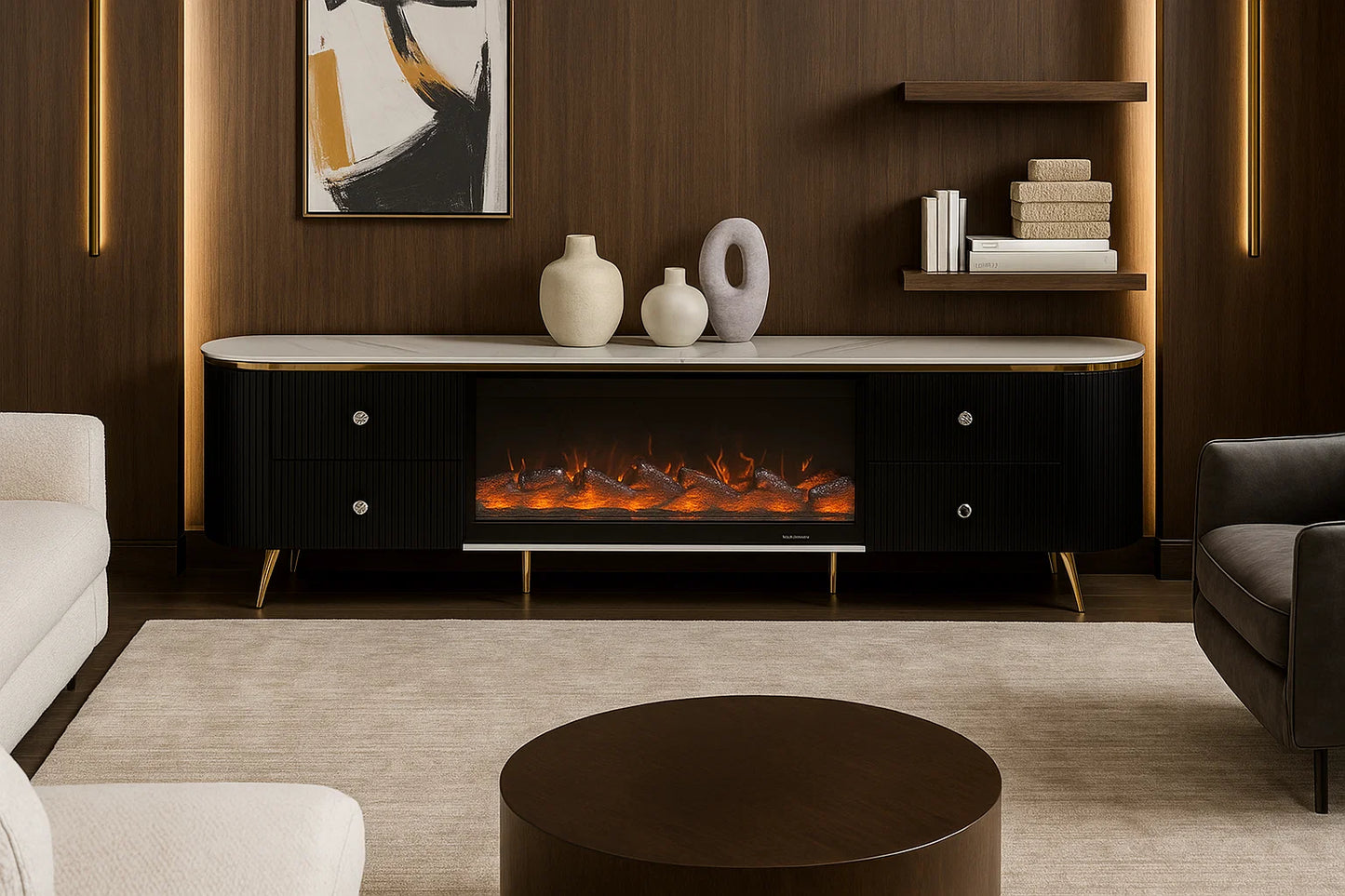 Opus Flame Black Marble LED Fireplace Stand