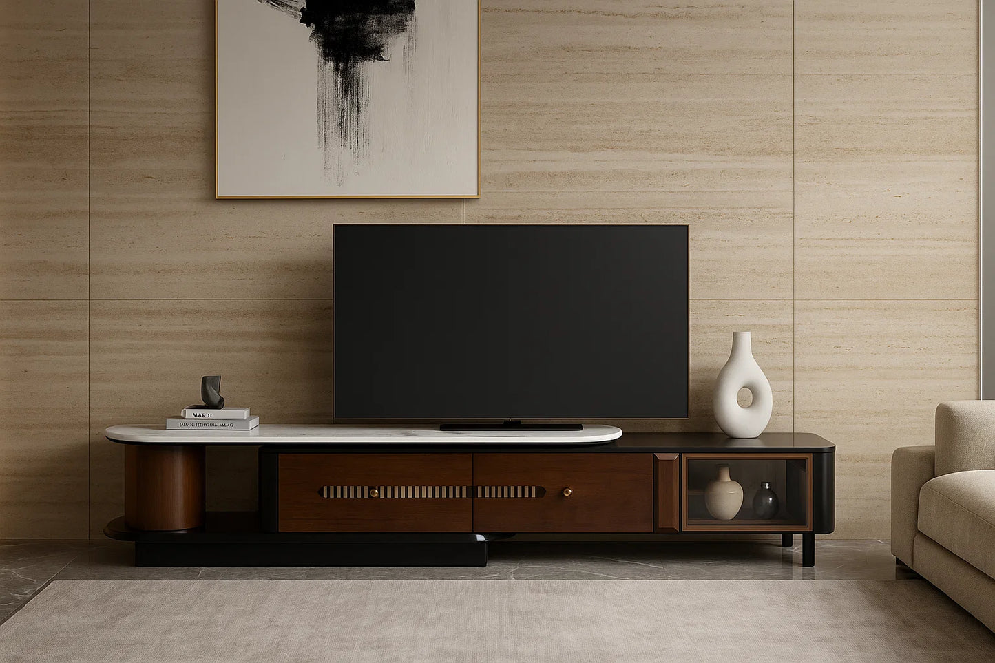 Spectra Line Marble LCD Stand, dual marble and wood TV media console, modern storage and display by TAS Living

