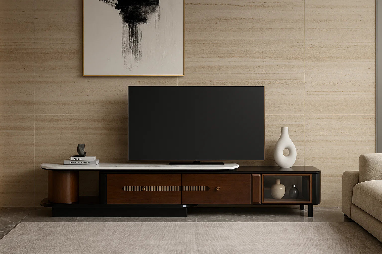 Spectra Line Marble LCD Stand, dual marble and wood TV media console, modern storage and display by TAS Living

