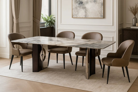 Dining room with a marble table and brown chairs in a stylishly decorated room.