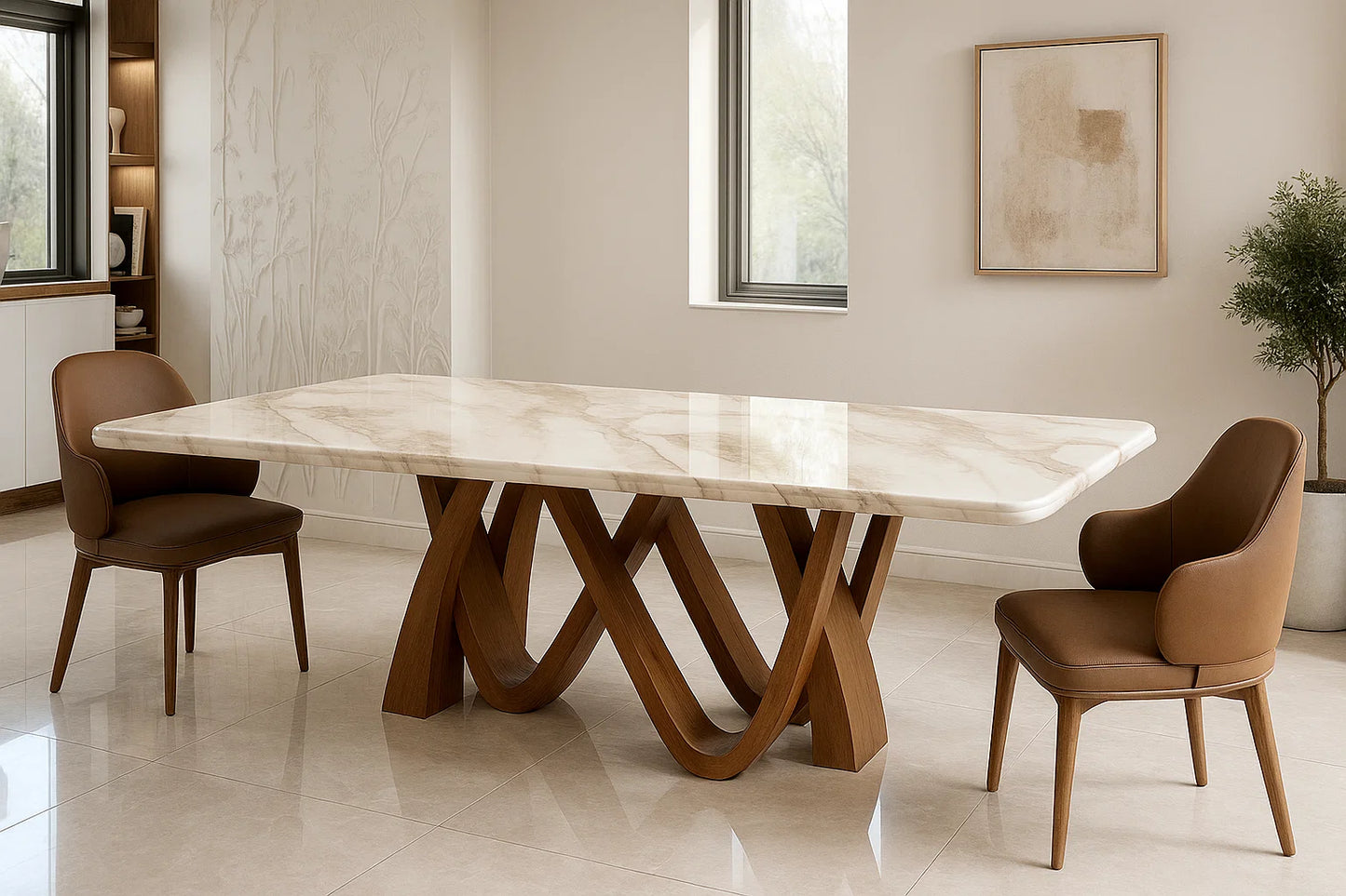 Dining room with a marble table and brown chairs in a modern interior setting.