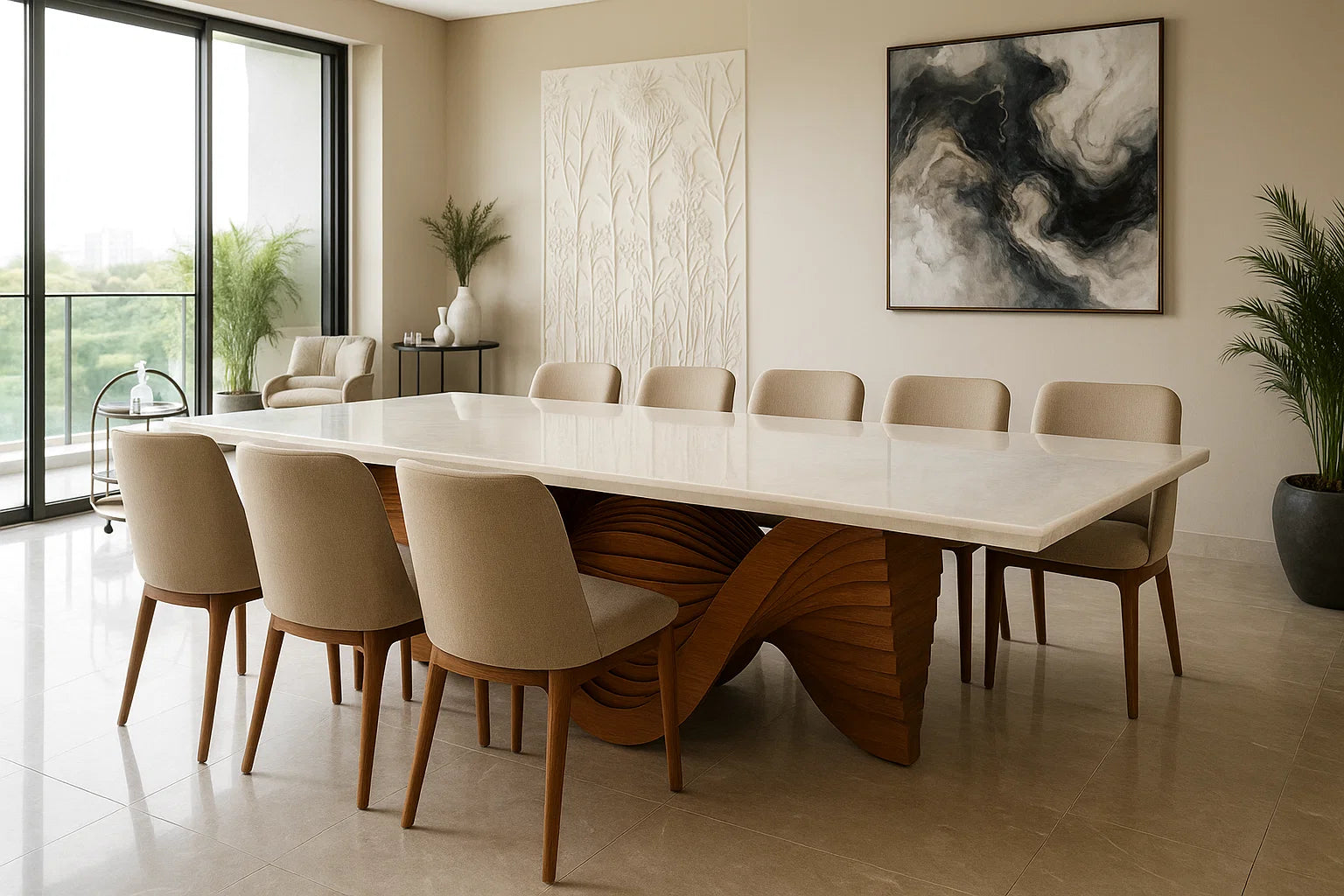Waveform onyx sculpted dining table with white onyx top and artistic wave wood base


