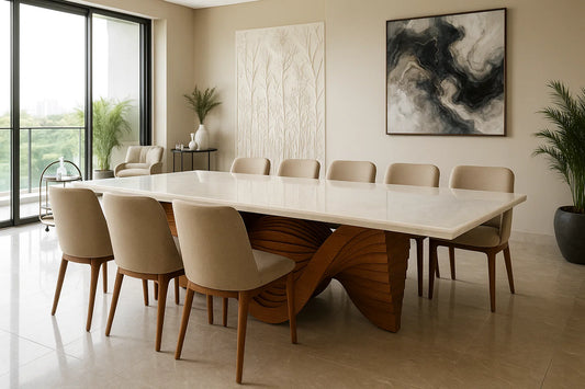 Waveform onyx sculpted dining table with white onyx top and artistic wave wood base


