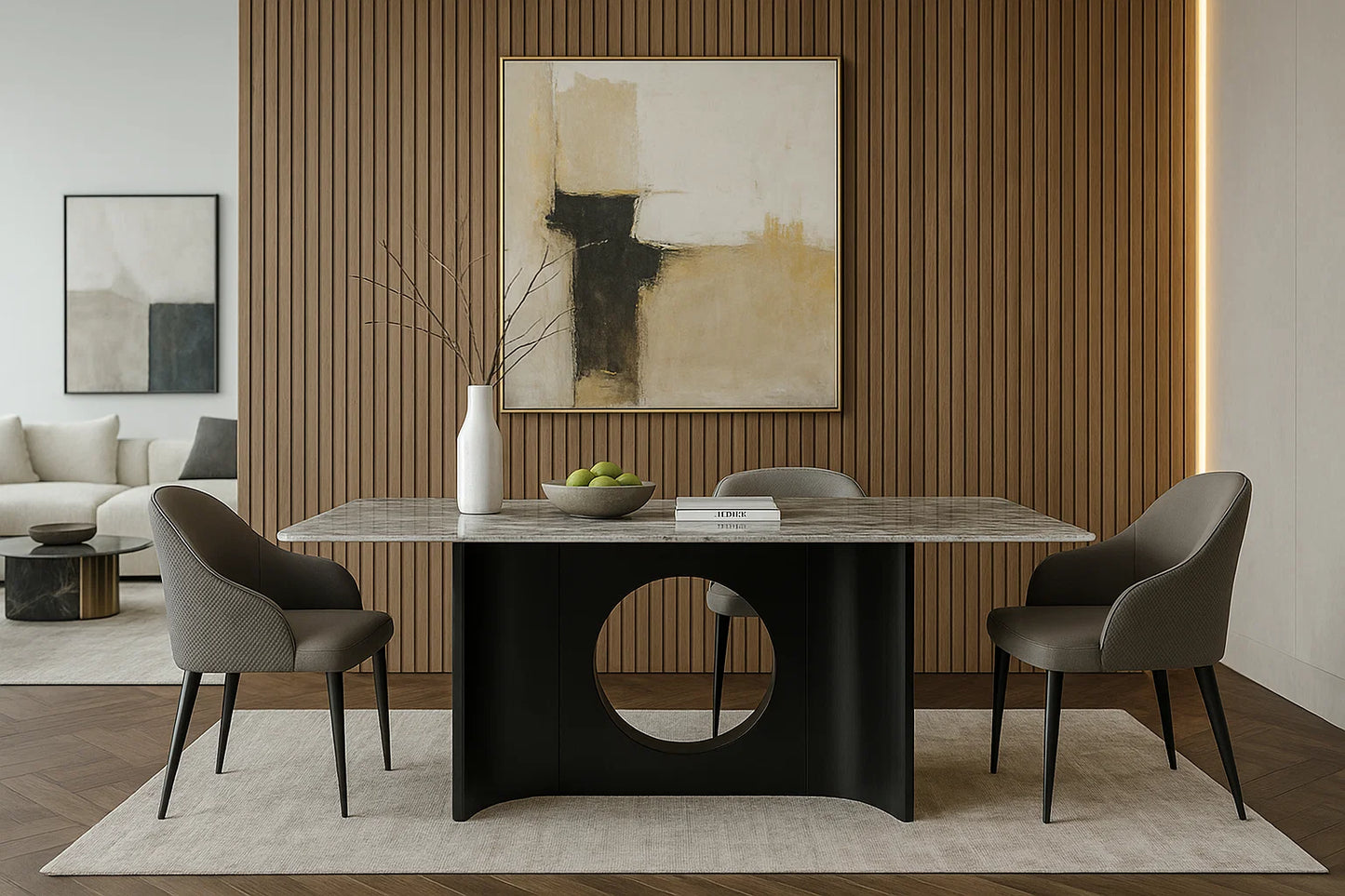 Orbitron grey marble dining table with circular cutout marble pedestal 

