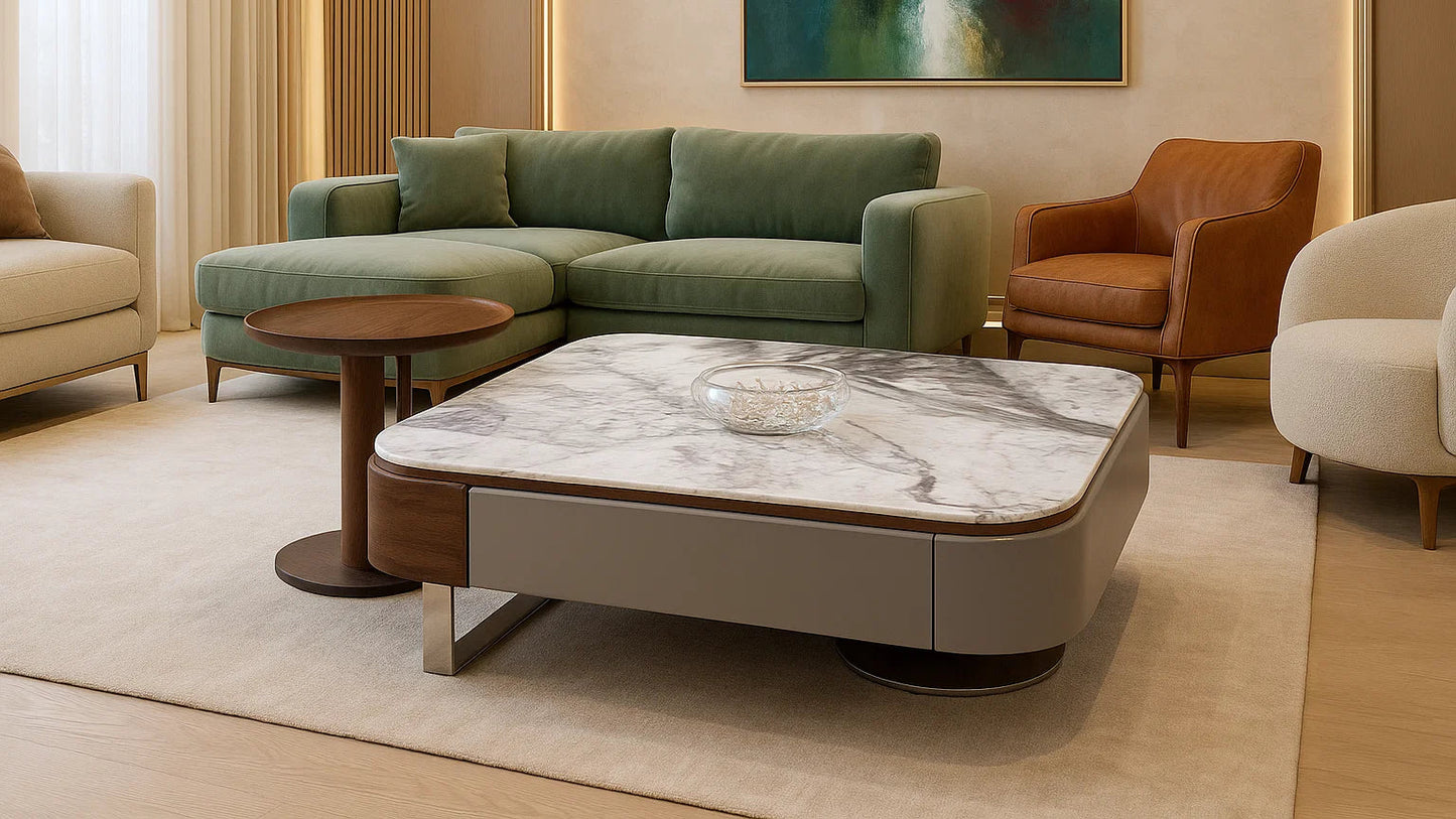 Modern living room with a green sofa, marble coffee table, and abstract painting.