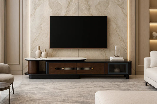 marble LCD stand, modern TV console, luxury media unit, black and wood TV furniture, marble top entertainment unit, TAS Living LCD stand

