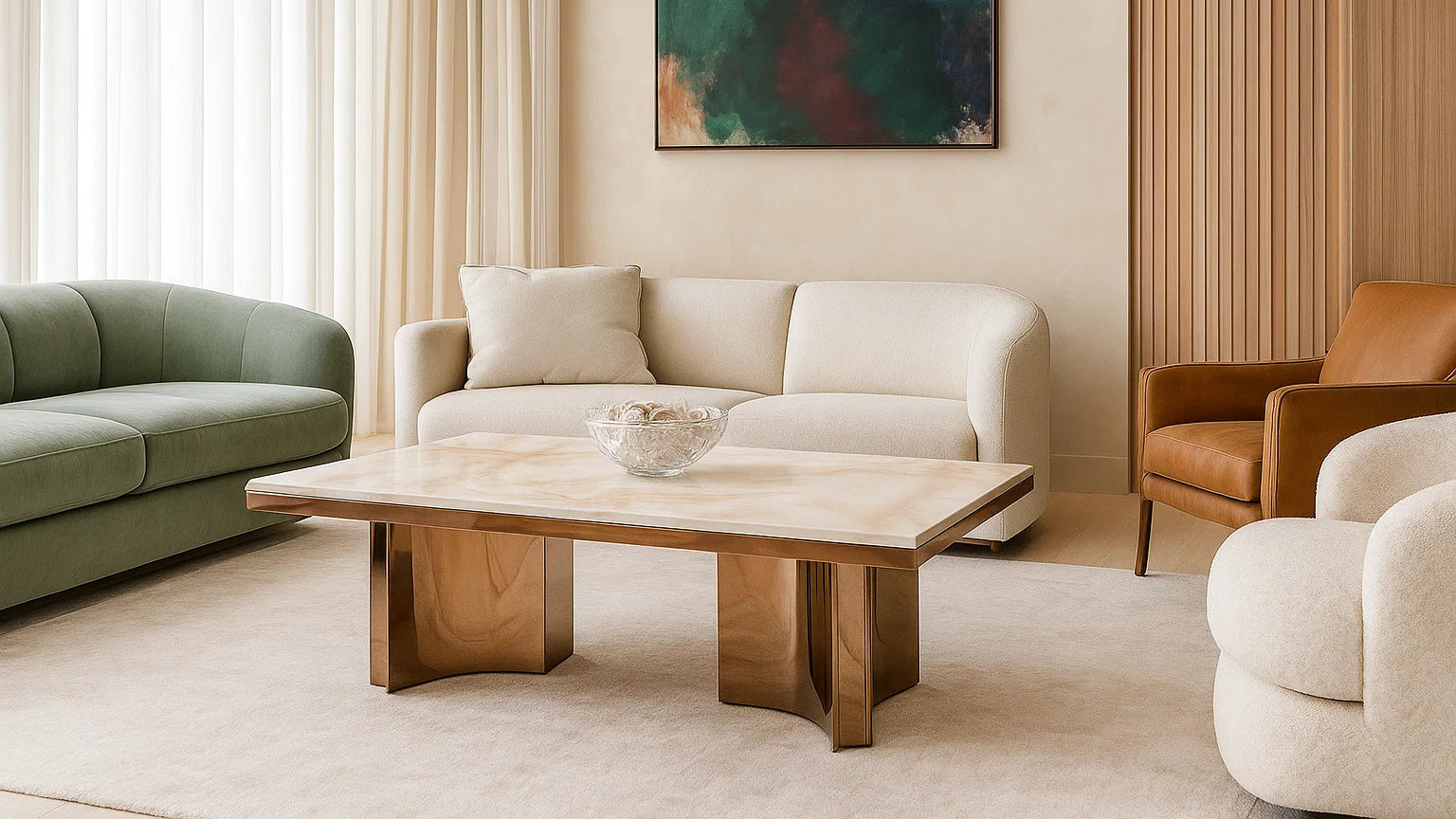 Modern living room with a beige sofa, green sofa, brown armchair, and wooden coffee table.