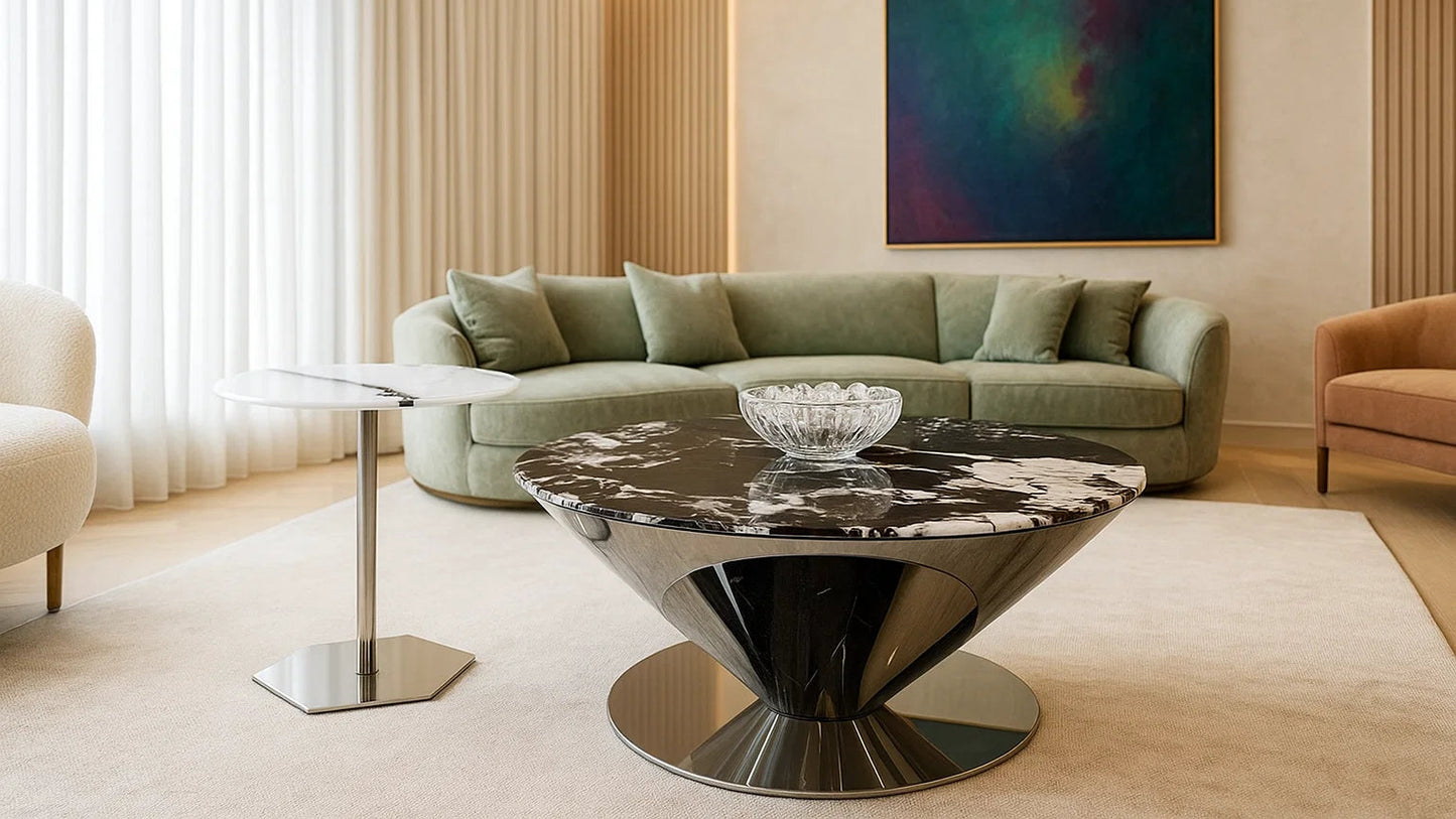 Modern living room with a green sectional sofa, marble coffee table, and abstract painting.