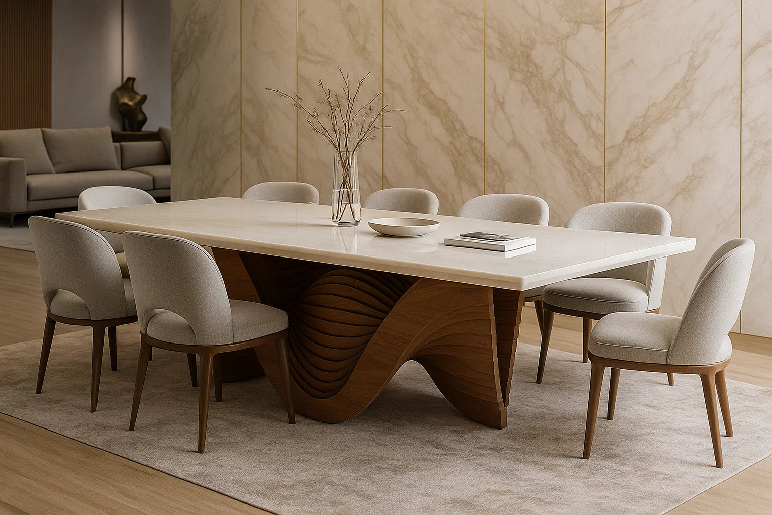 Modern dining table with chairs in a stylish room with marble walls.