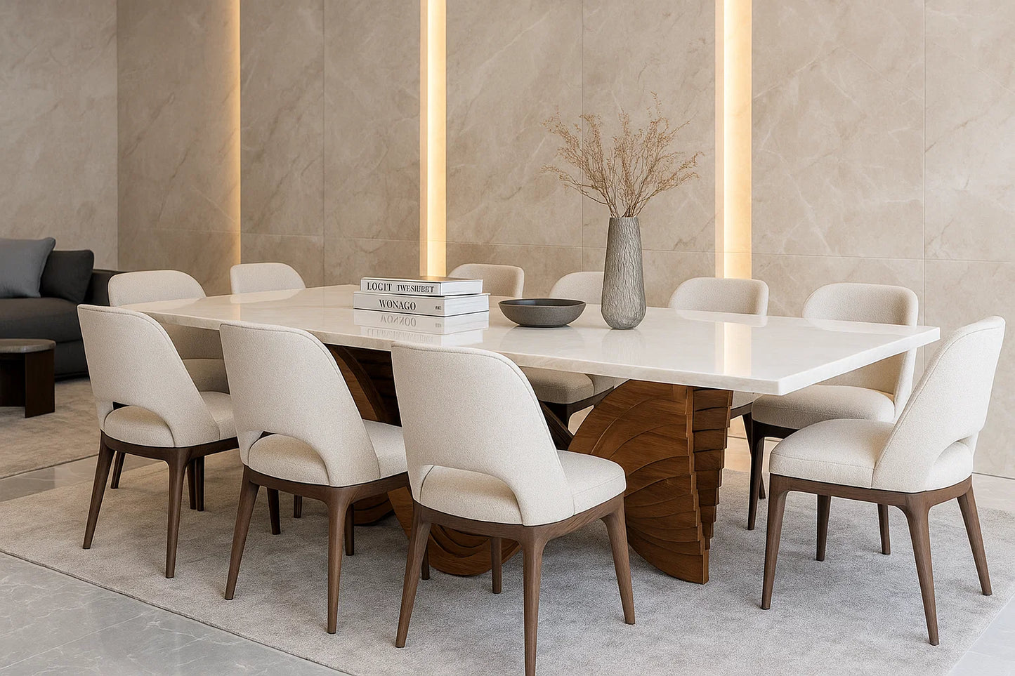 Dining room with a marble table and white chairs in a modern interior setting.