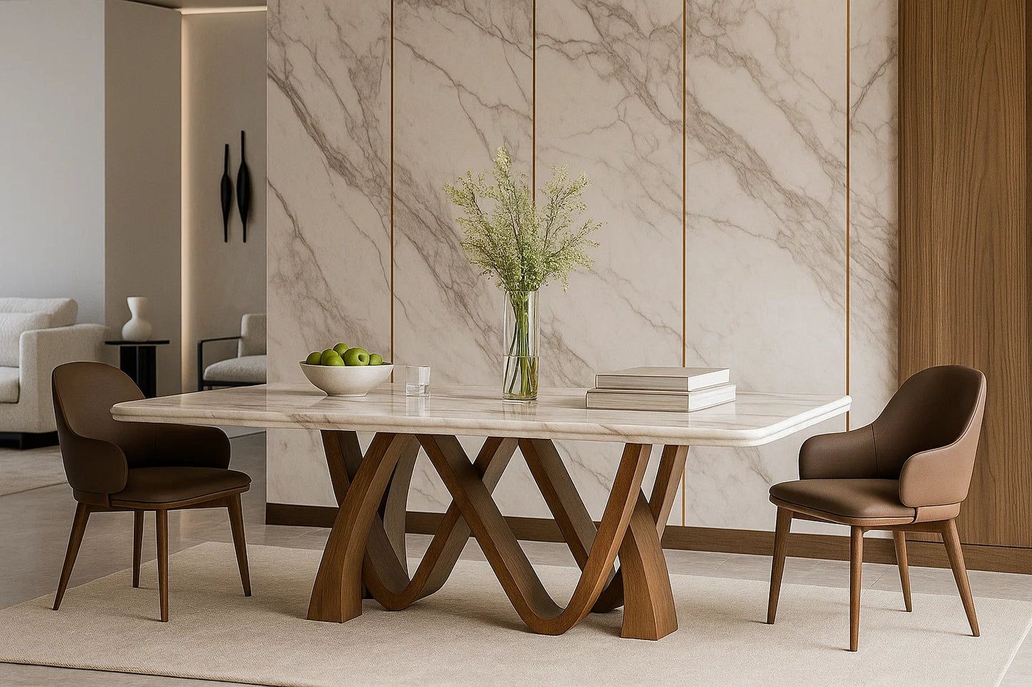 Echelon Curve marble dining table with sculptural solid wood curved base

