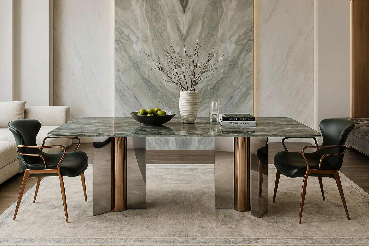 Modern dining room with a marble table and chairs in a stylish interior.