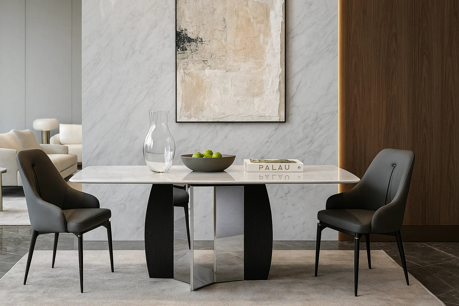 Halo Pedestal marble dining table with single black and chrome oval base

