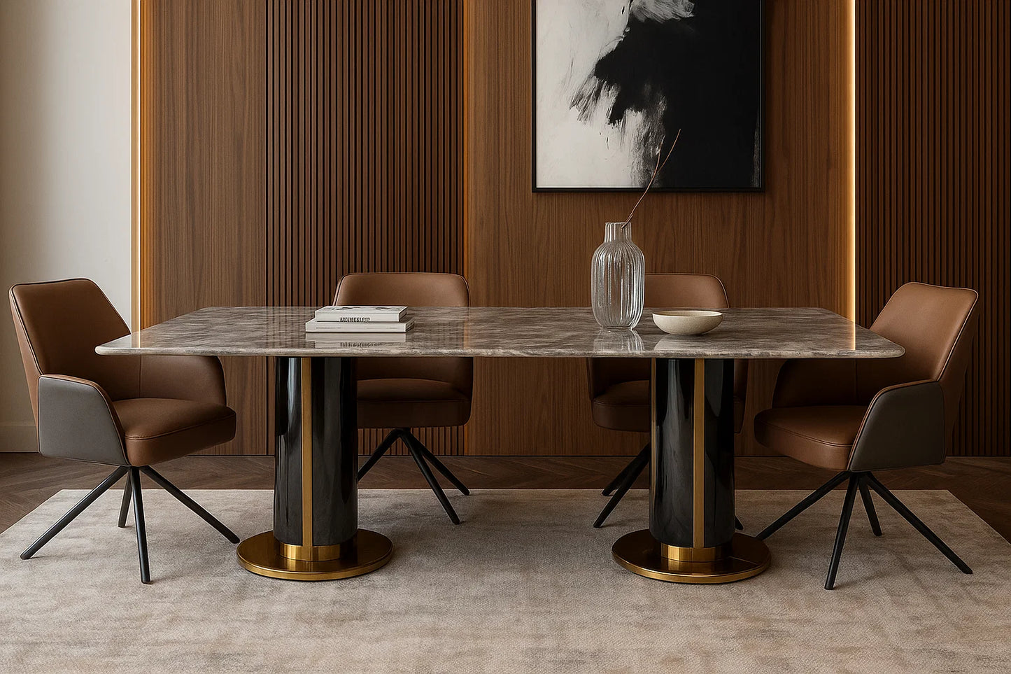 Dining table with marble top and bronze base in a modern room.