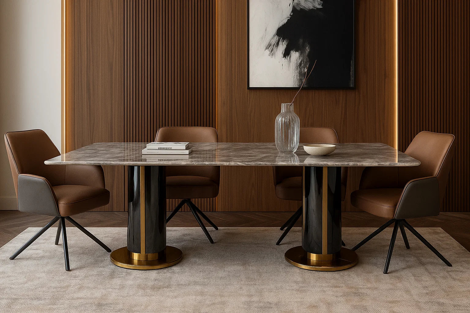 Dining table with marble top and bronze base in a modern room.