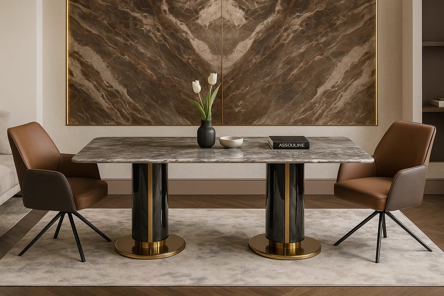 Modern dining table with marble top and bronze legs in a stylish room.