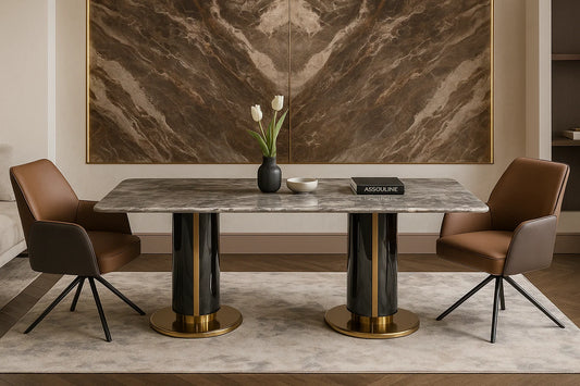 Modern dining table with marble top and bronze legs in a stylish room.