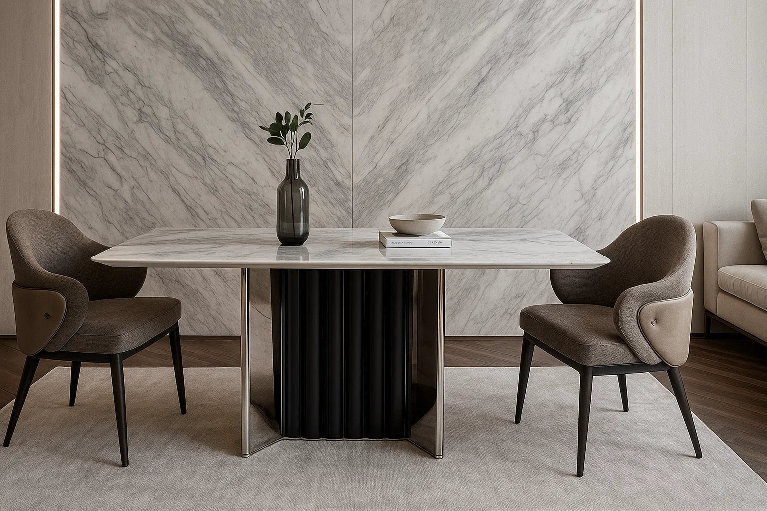 Glacier Flute marble dining table with fluted central black and chrome pedestal, white marble top