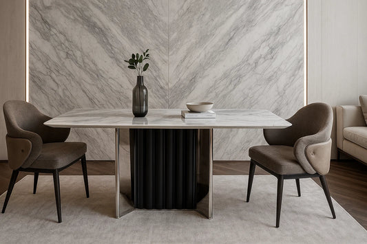 Glacier Flute marble dining table with fluted central black and chrome pedestal, white marble top