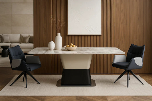 Valtos Era white marble rectangular dining table with sculptural base


