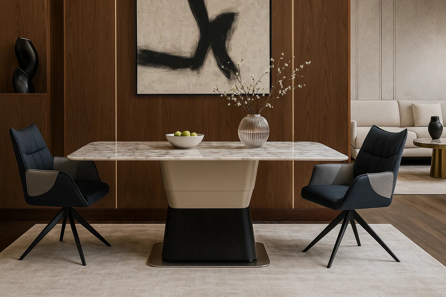 Modern dining room with a marble table and black chairs.