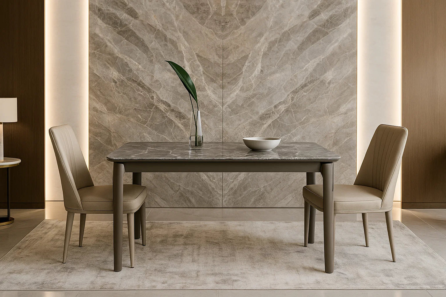 Dining table with two chairs against a stone-patterned wall.