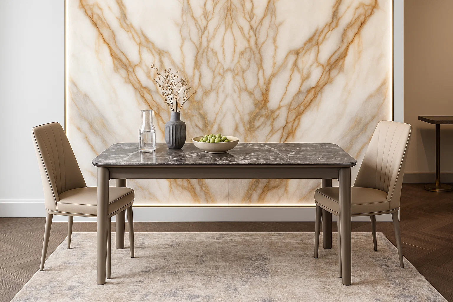 Dining table with chairs in a room with a marble wall.
