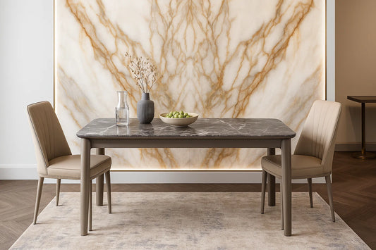 Dining table with chairs in a room with a marble wall.