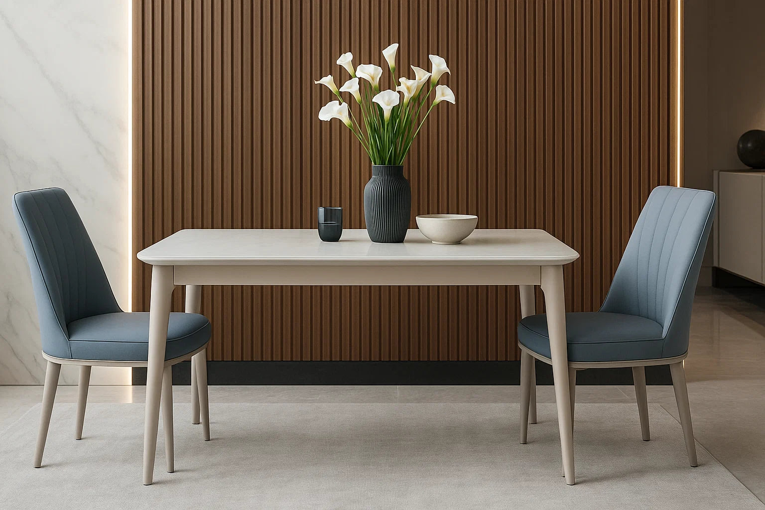 Osmio Frost white marble compact dining table with blue designer chairs, 4-seater

