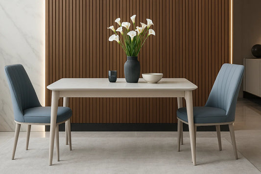 Osmio Frost white marble compact dining table with blue designer chairs, 4-seater


