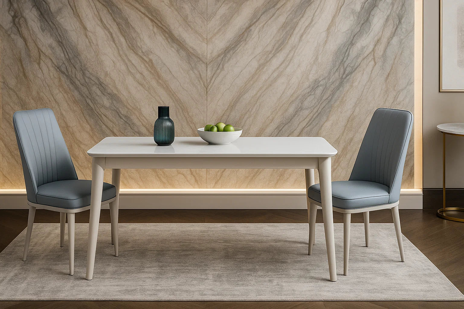 Dining table with two chairs against a marble wall.