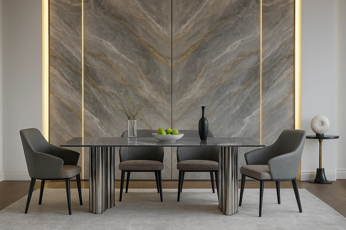 Dining room with a marble-patterned wall, table, and chairs.