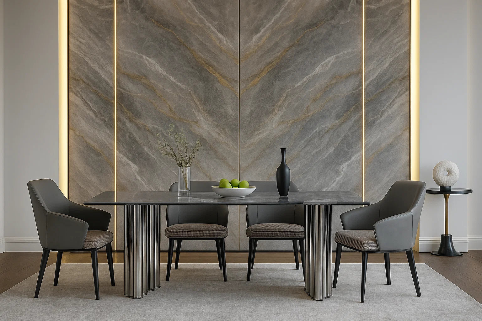 Dining room with a marble-patterned wall, table, and chairs.