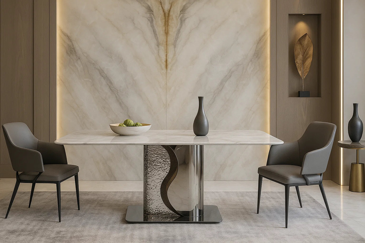 Modern dining room with marble table and chairs against a marble wall.