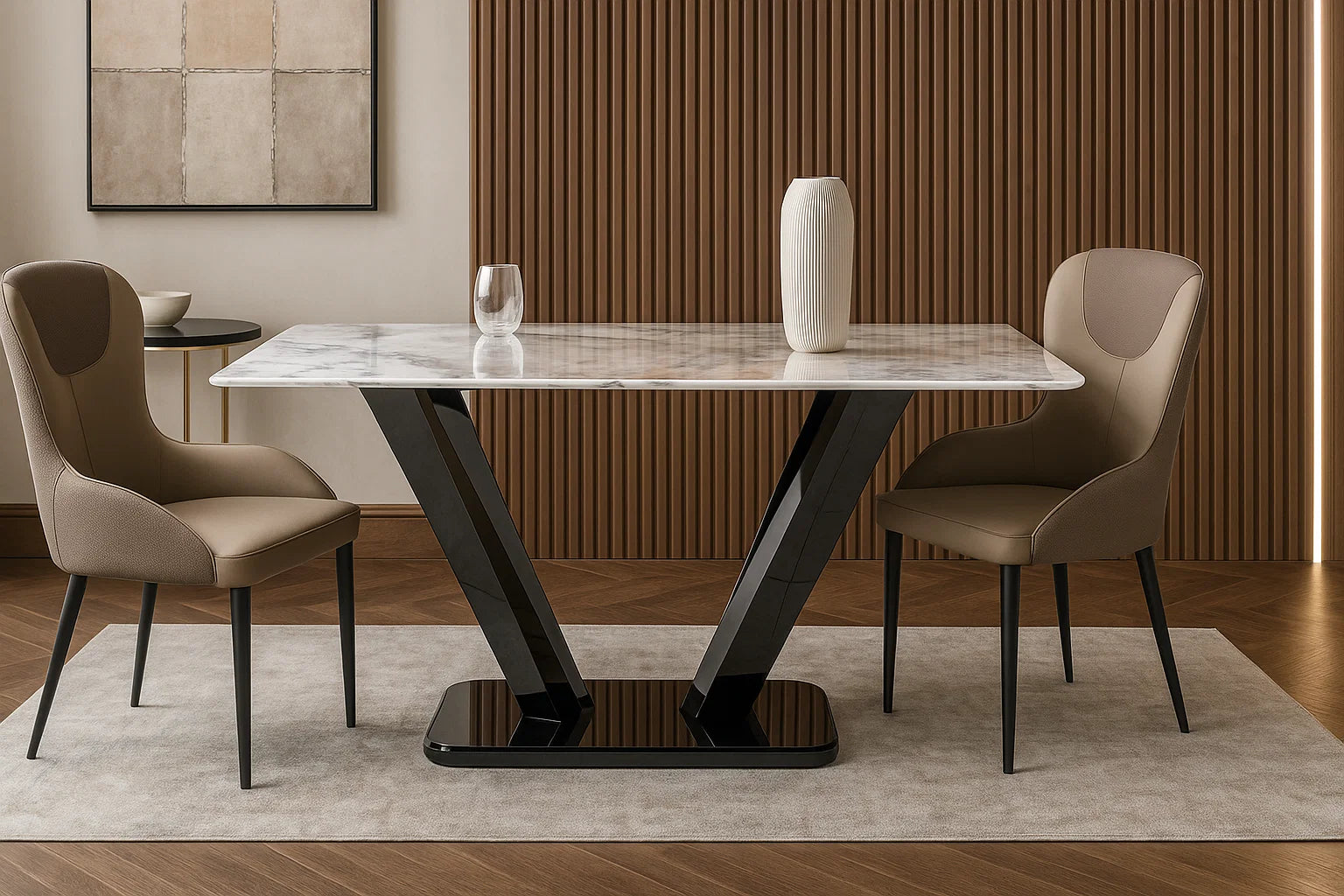 Dining table with marble top and modern chairs in a stylish room.