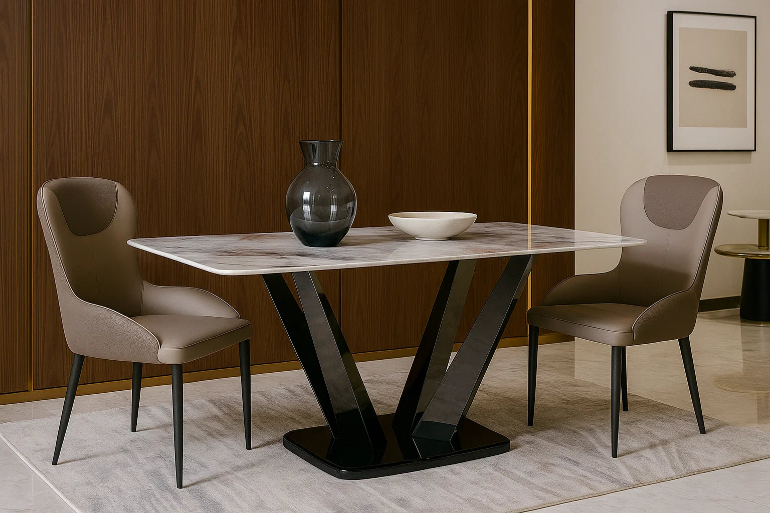 Dining table with marble top and modern chairs in a stylish room.